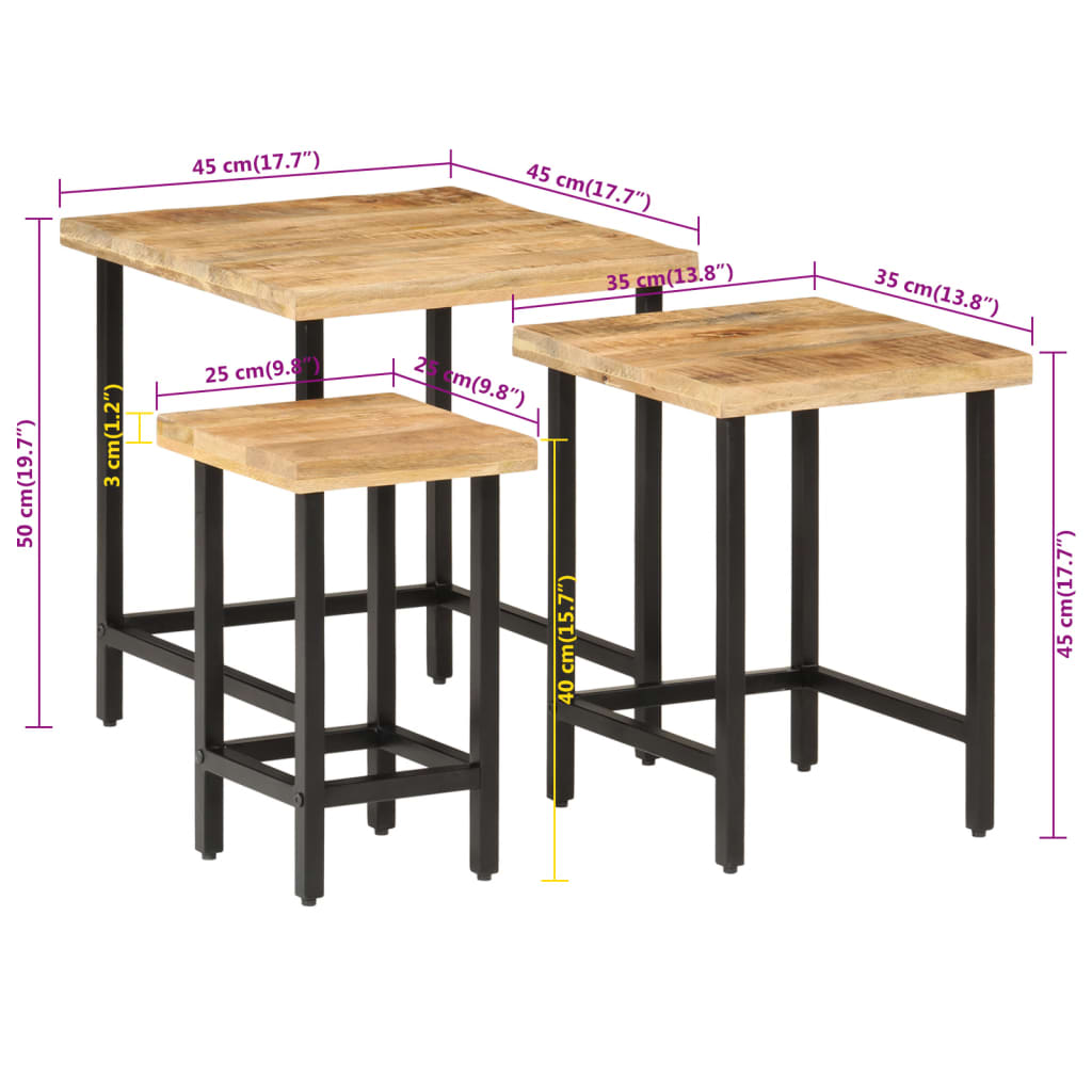 Satztische 3 Stk. Raues Massivholz Mango und Eisen