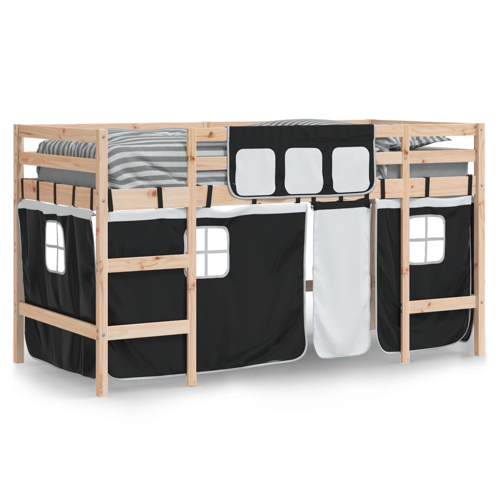 Kinderhochbett mit Vorhängen Weiß und Schwarz Massivholz Kiefer