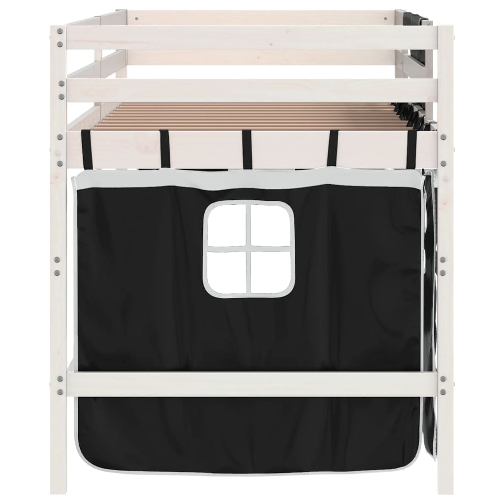 Kinderhochbett mit Vorhängen Weiß Schwarz 90x200 cm Kiefernholz