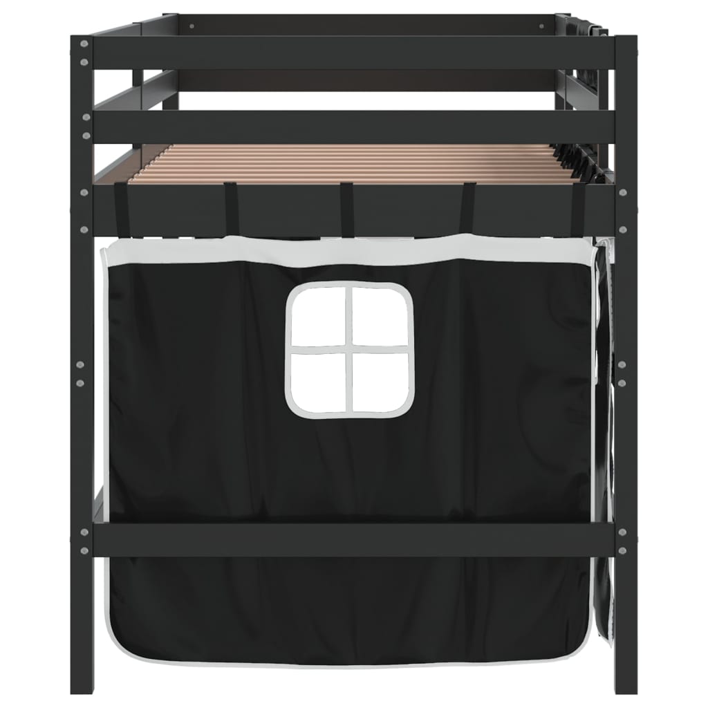 Kinderhochbett mit Vorhängen Weiß Schwarz 90x200cm Kiefernholz