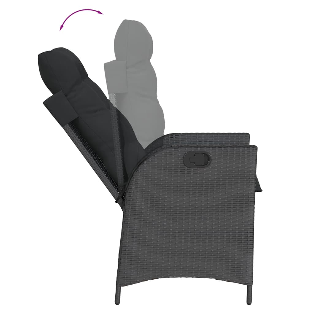 Gartensessel Verstellbar mit Kissen Schwarz Poly Rattan