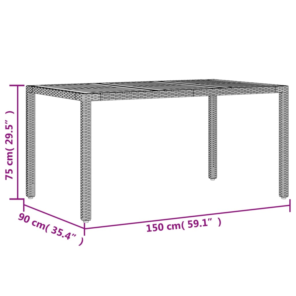 Gartentisch mit Akazienholz-Platte Grau 150x90x75cm Poly Rattan