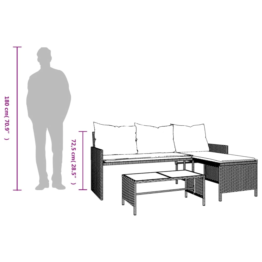 Gartensofa in L-Form mit Tisch und Kissen Hellgrau Poly Rattan