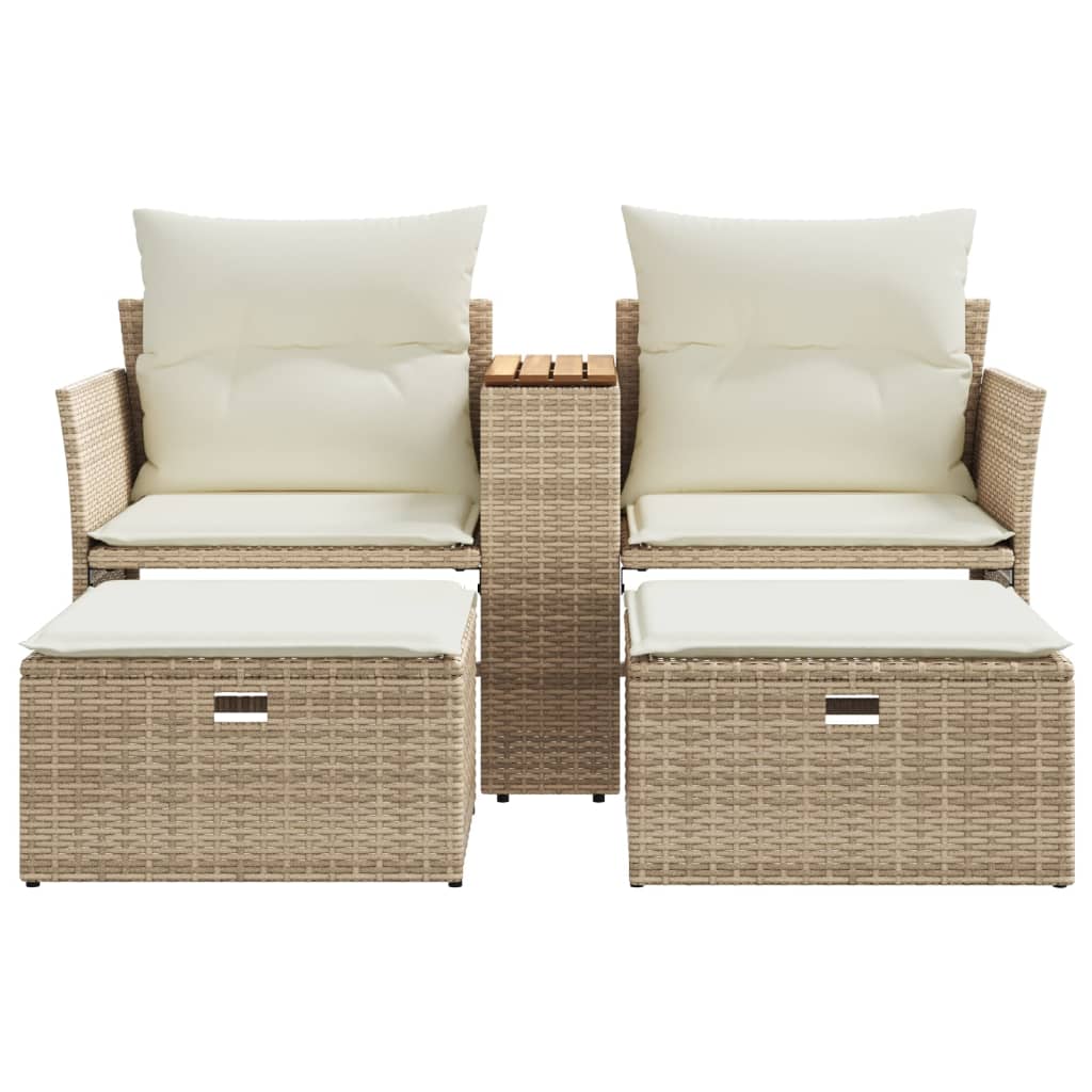 Gartensofa 2-Sitzer mit Hockern Beige Poly Rattan