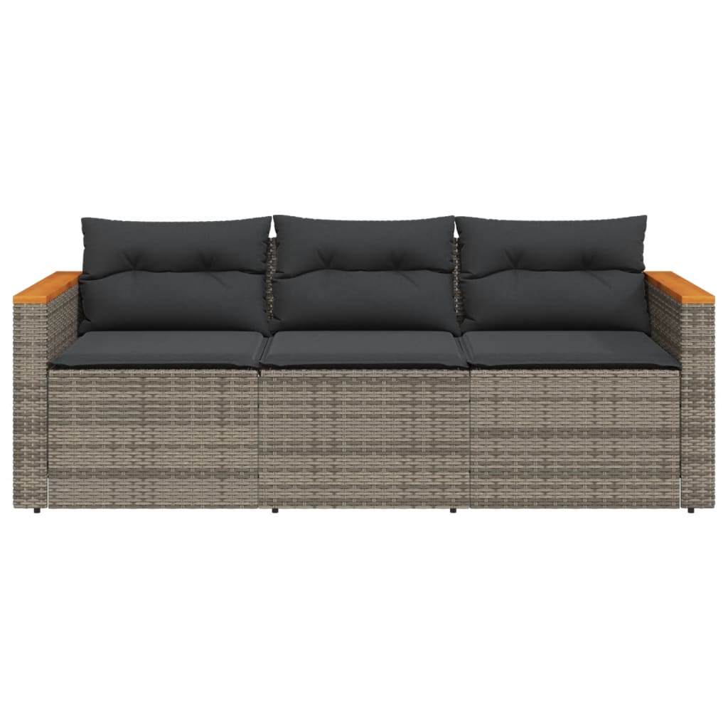 Gartensofa mit Kissen 3-Sitzer Grau Poly Rattan