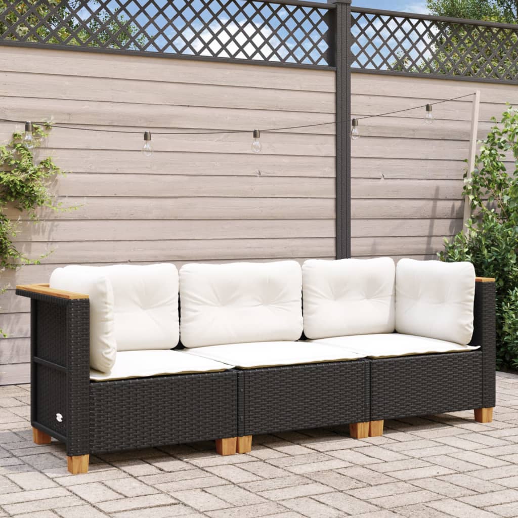 Gartensofa mit Kissen 3-Sitzer Schwarz Poly Rattan