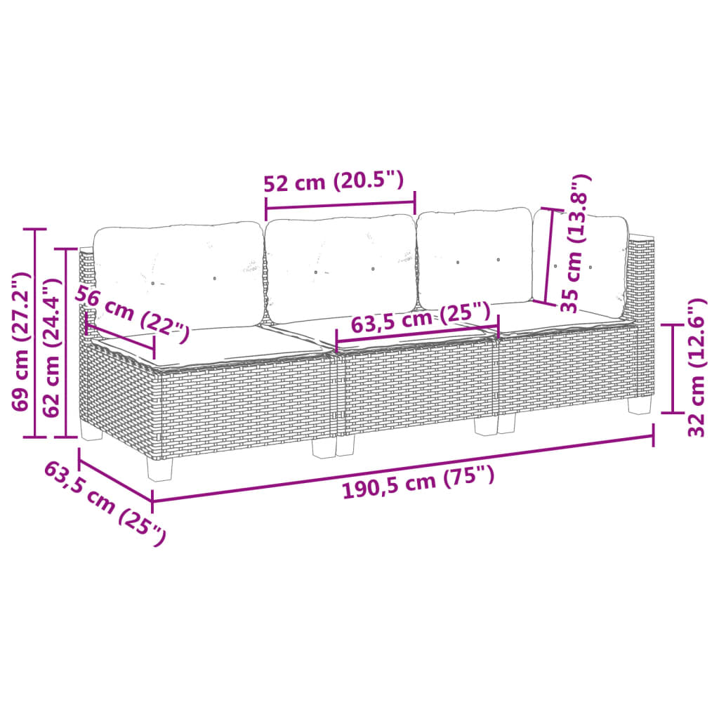 Gartensofa mit Kissen 3-Sitzer Schwarz Poly Rattan