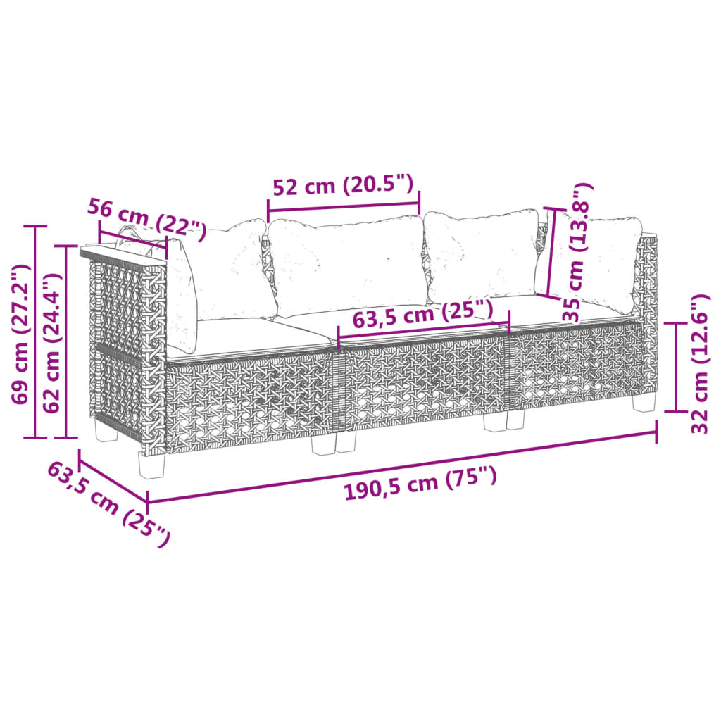 Gartensofa mit Kissen 3-Sitzer Grau Poly Rattan