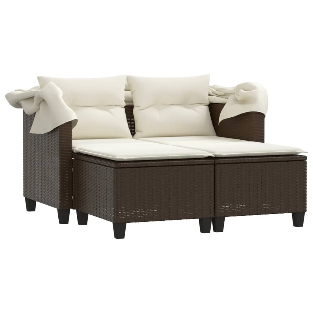 Gartensofa 2-Sitzer mit Dach und Hockern Braun Poly Rattan