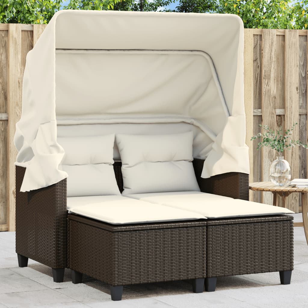 Gartensofa 2-Sitzer mit Dach und Hockern Braun Poly Rattan