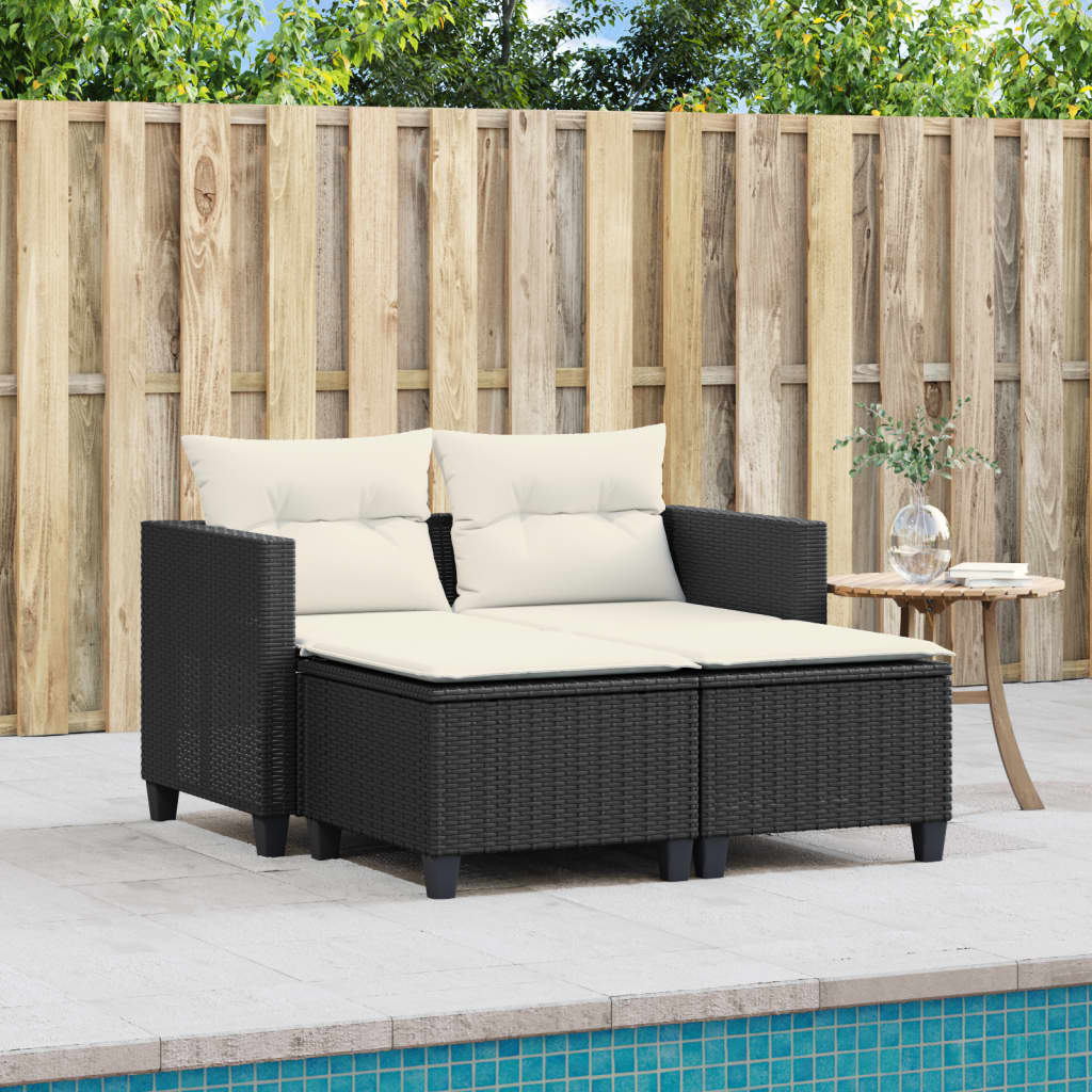 Gartensofa 2-Sitzer mit Hockern Schwarz Poly Rattan