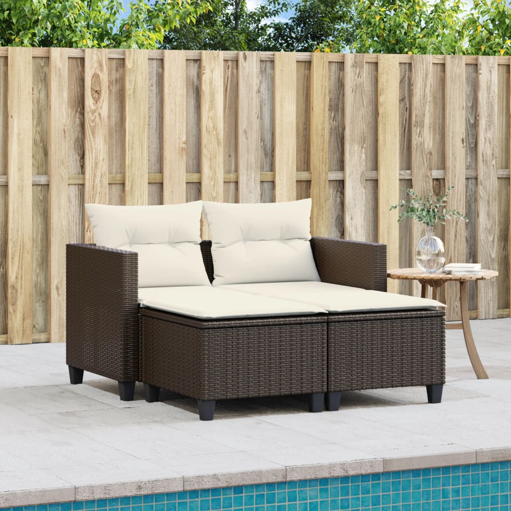 Gartensofa 2-Sitzer mit Hockern Braun Poly Rattan