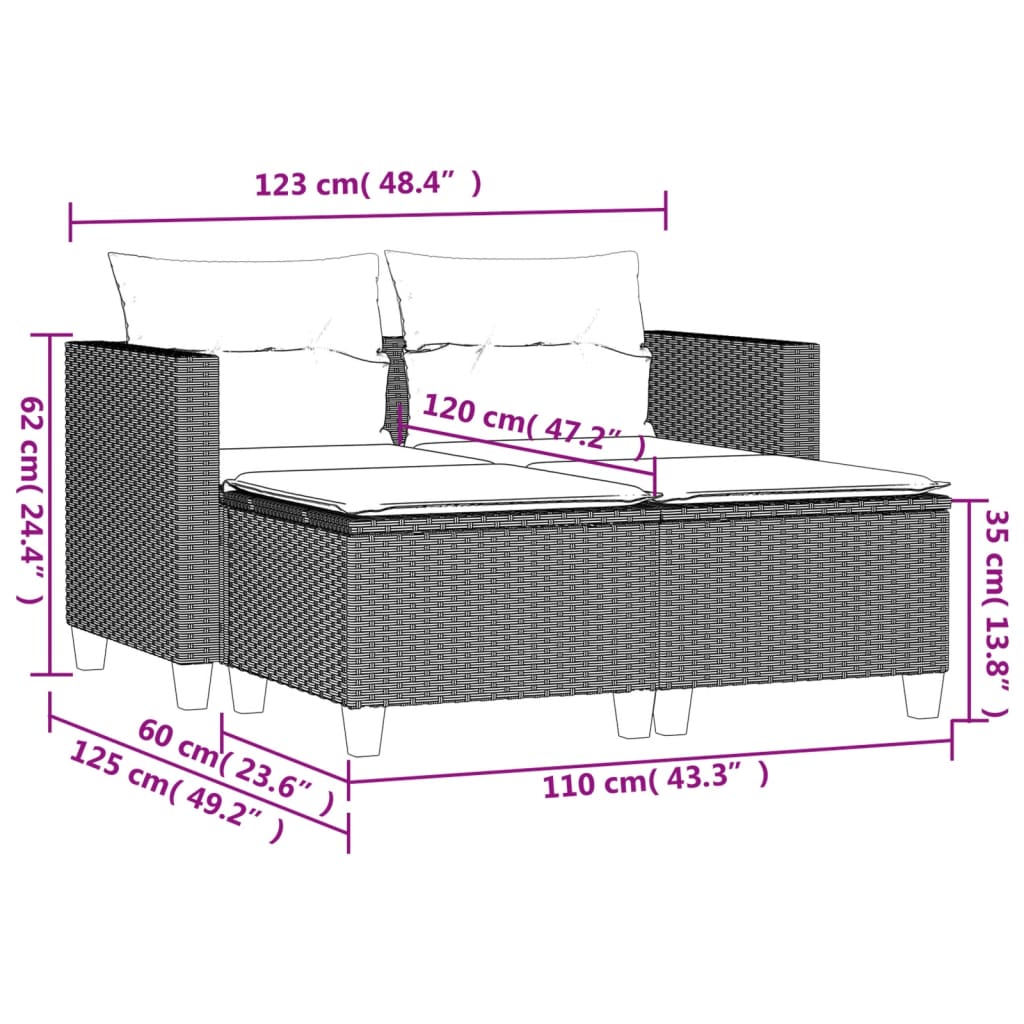 Gartensofa 2-Sitzer mit Hockern Braun Poly Rattan