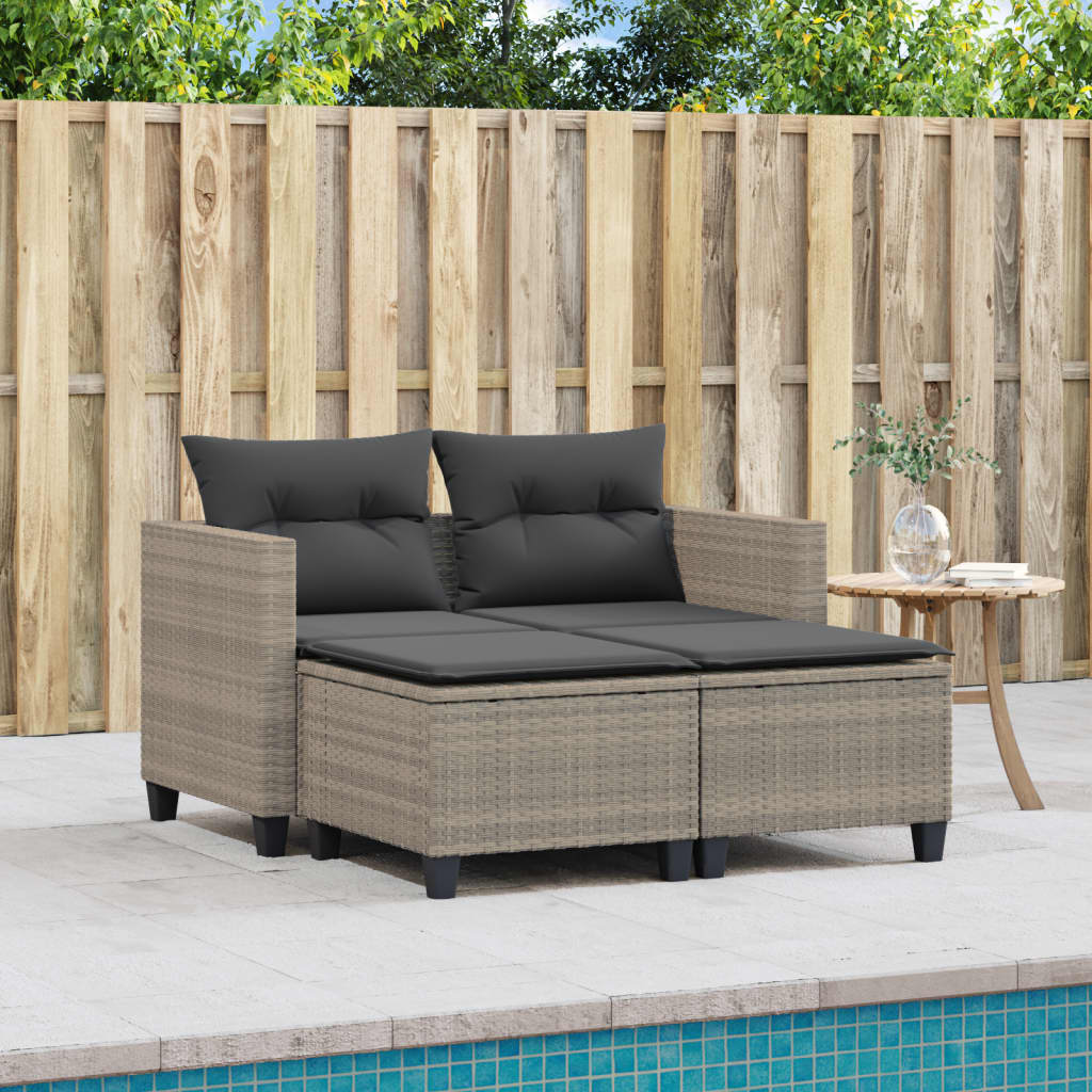 Gartensofa 2-Sitzer mit Hockern Hellgrau Poly Rattan