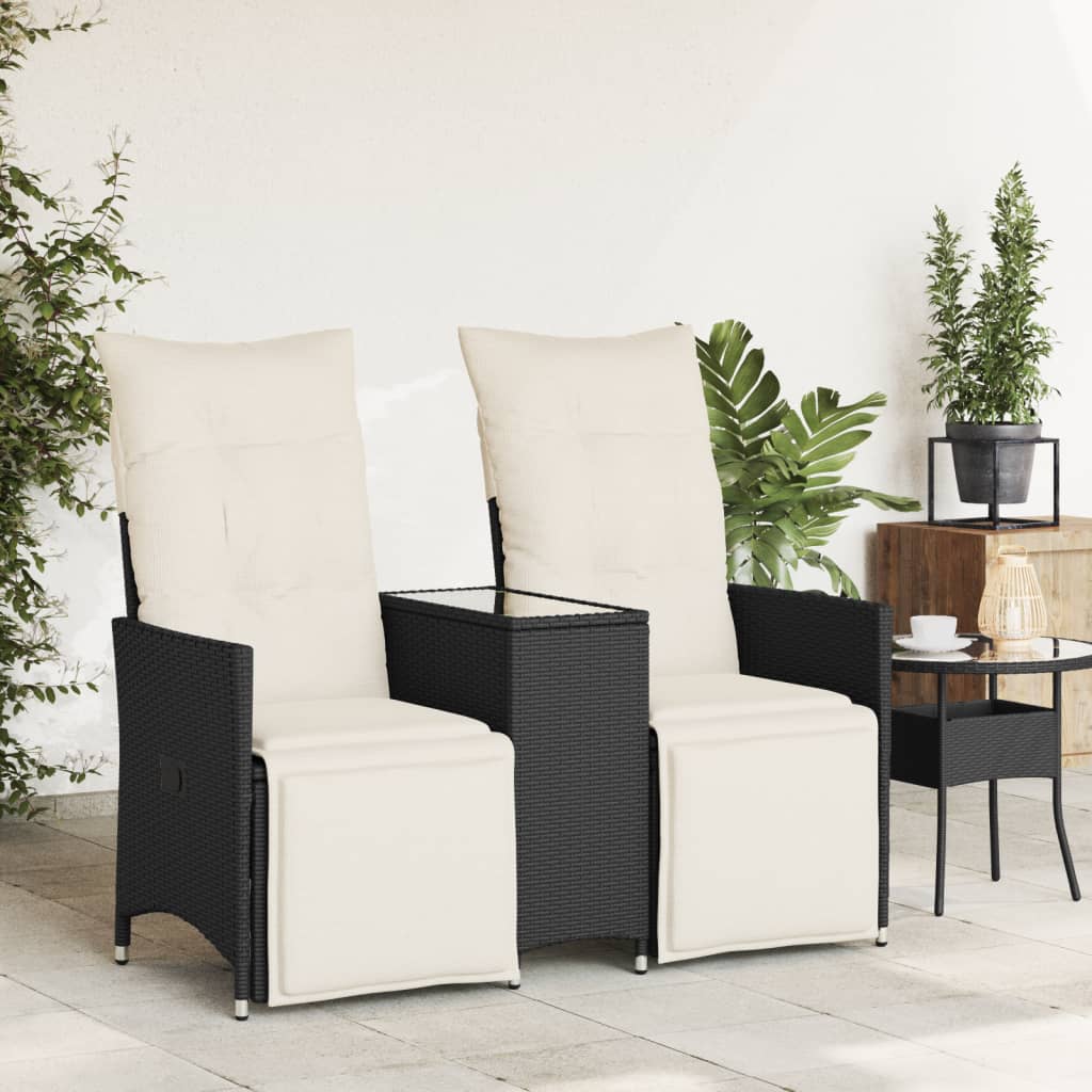 Gartensofa 2-Sitzer Verstellbar mit Tisch Schwarz Poly Rattan