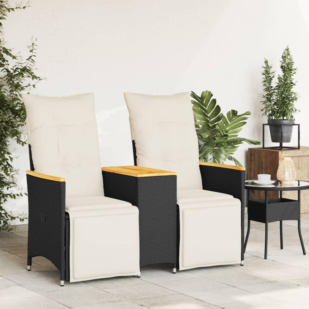 Gartensofa 2-Sitzer Verstellbar mit Tisch Schwarz Poly Rattan