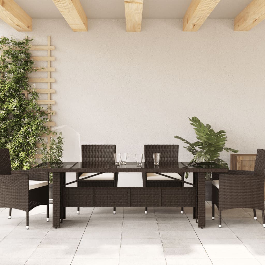 Gartentisch mit Glasplatte Braun 240x90x75 cm Poly Rattan