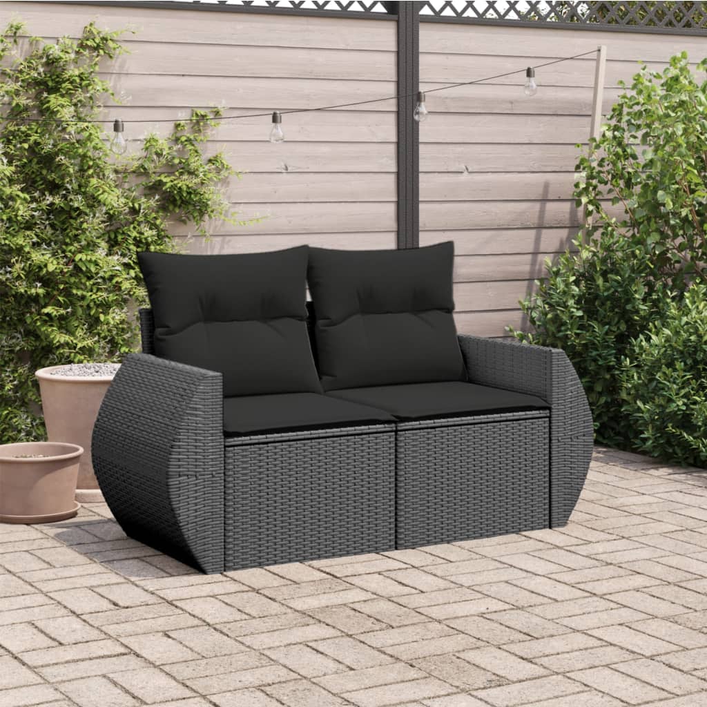 Gartensofa mit Kissen 2-Sitzer Schwarz Poly Rattan