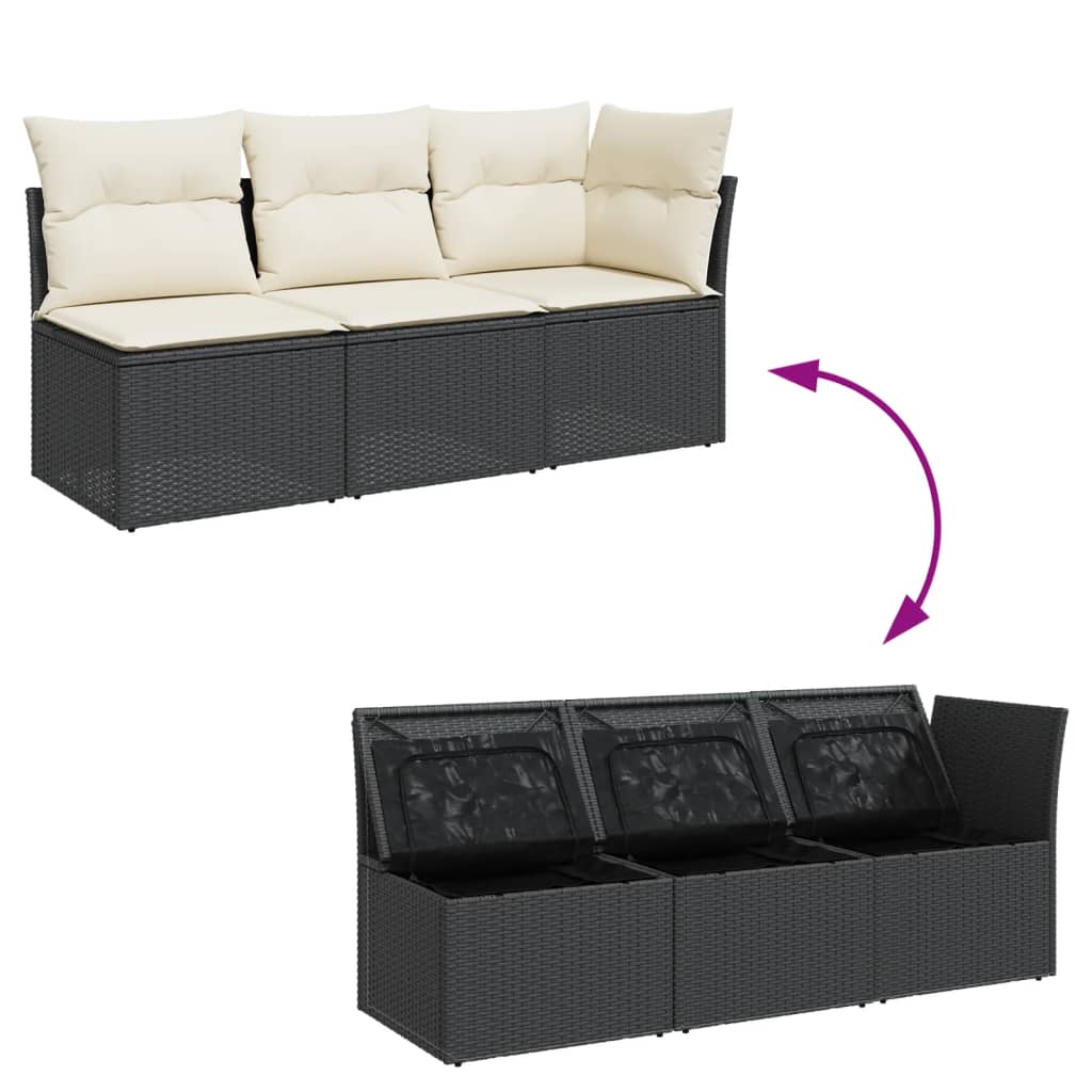 Gartensofa mit Kissen 3-Sitzer Schwarz Poly Rattan