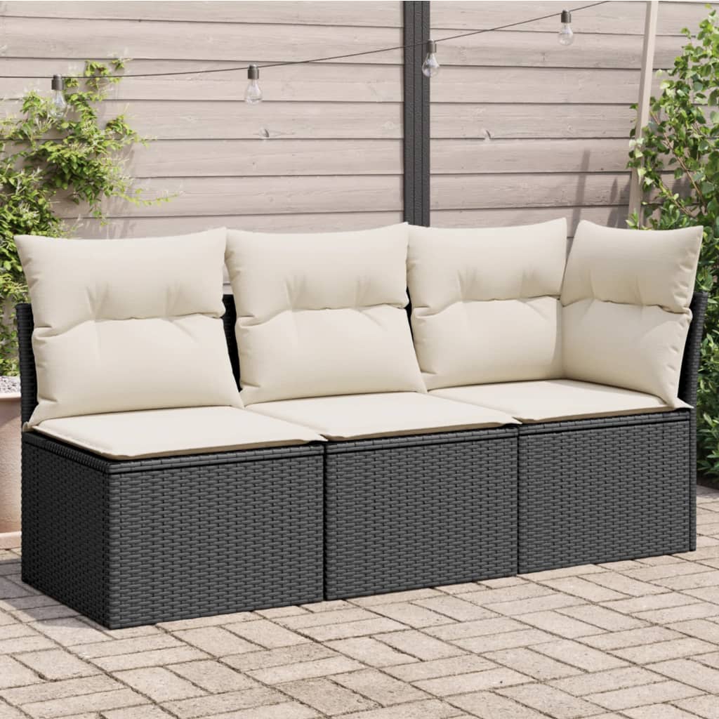 Gartensofa mit Kissen 3-Sitzer Schwarz Poly Rattan