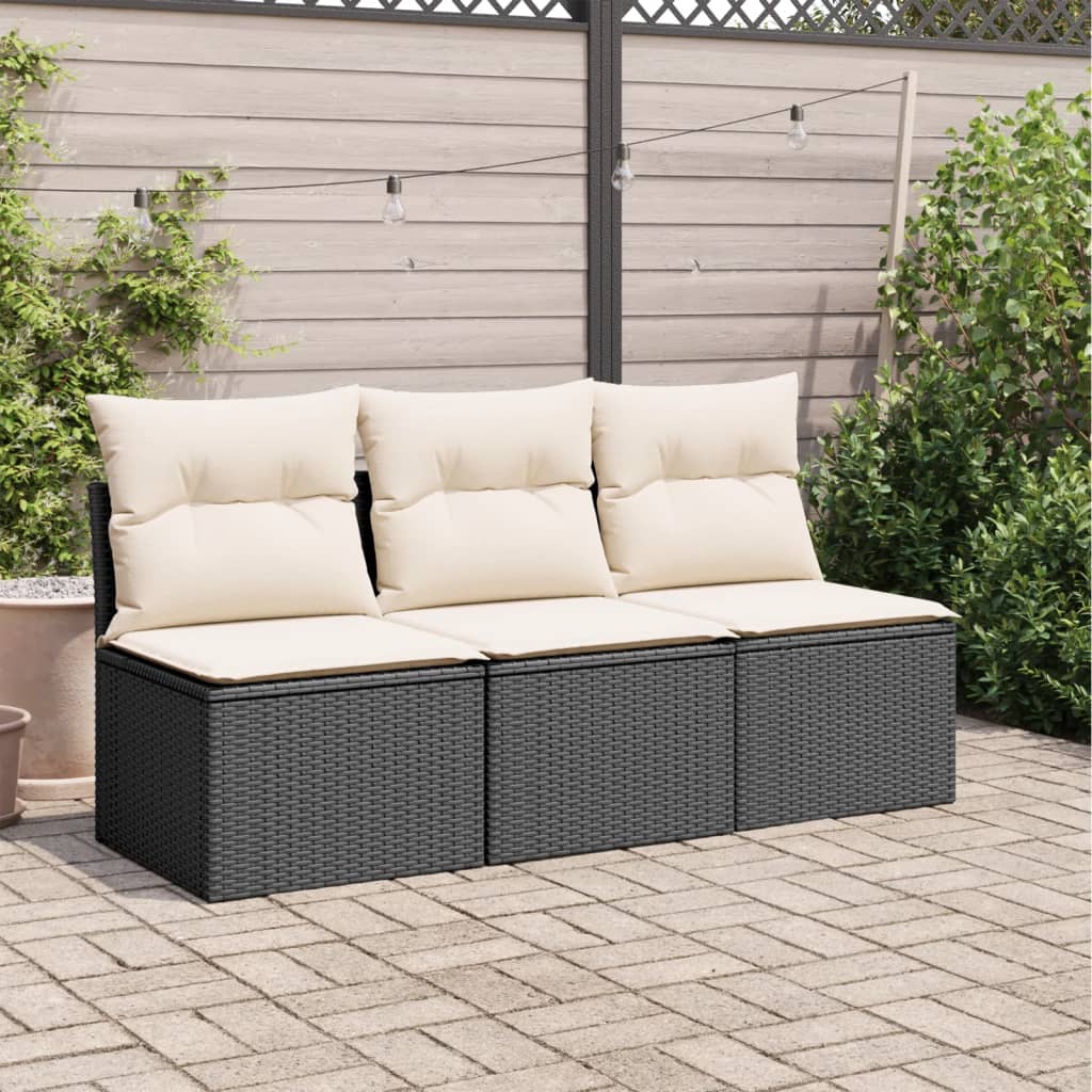 Gartensofa mit Kissen 3-Sitzer Schwarz Poly Rattan