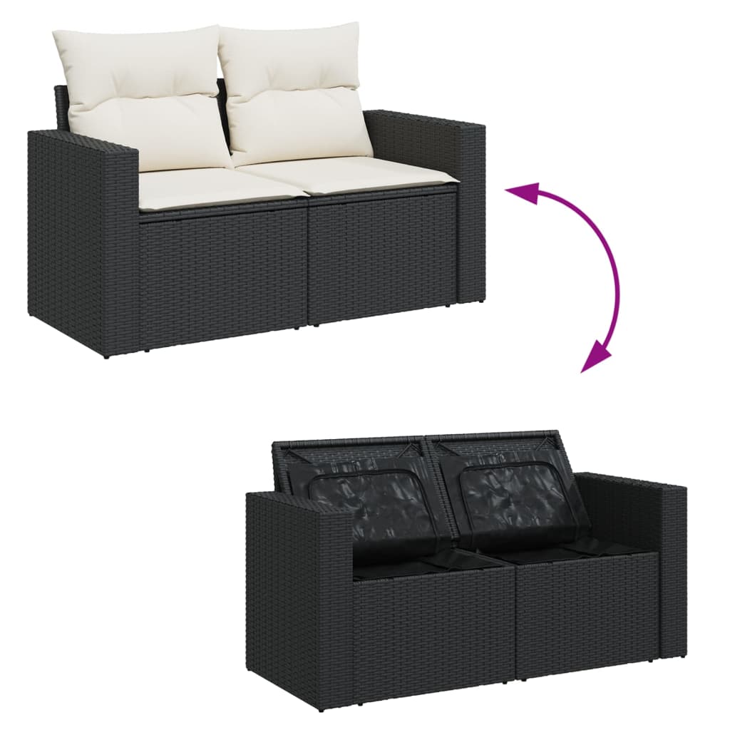 Gartensofa mit Kissen 2-Sitzer Schwarz Poly Rattan