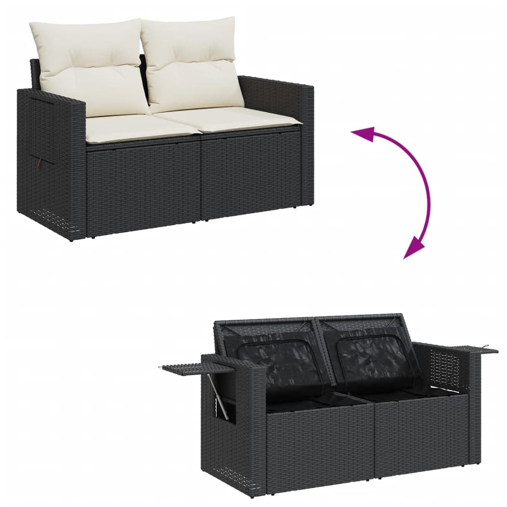 Gartensofa mit Kissen 2-Sitzer Schwarz Poly Rattan