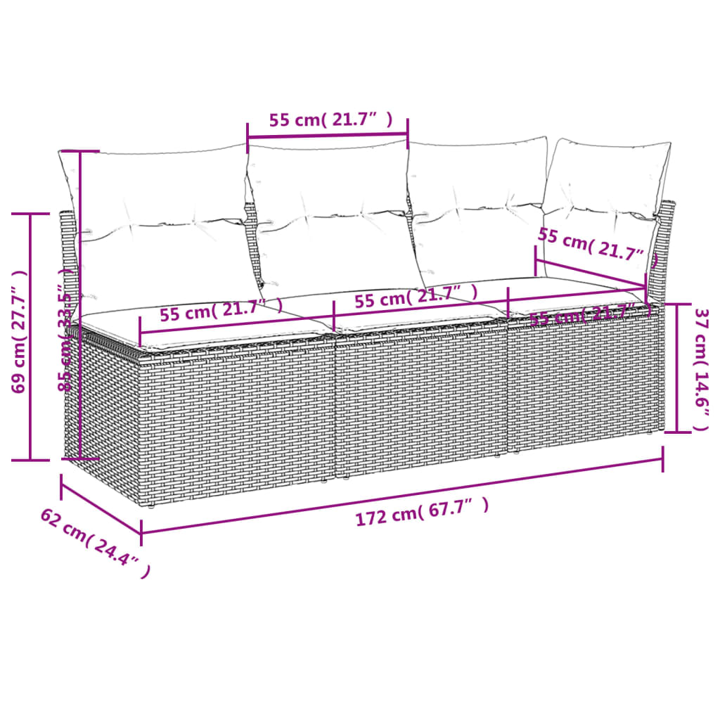 Gartensofa mit Kissen 3-Sitzer Grau Poly Rattan