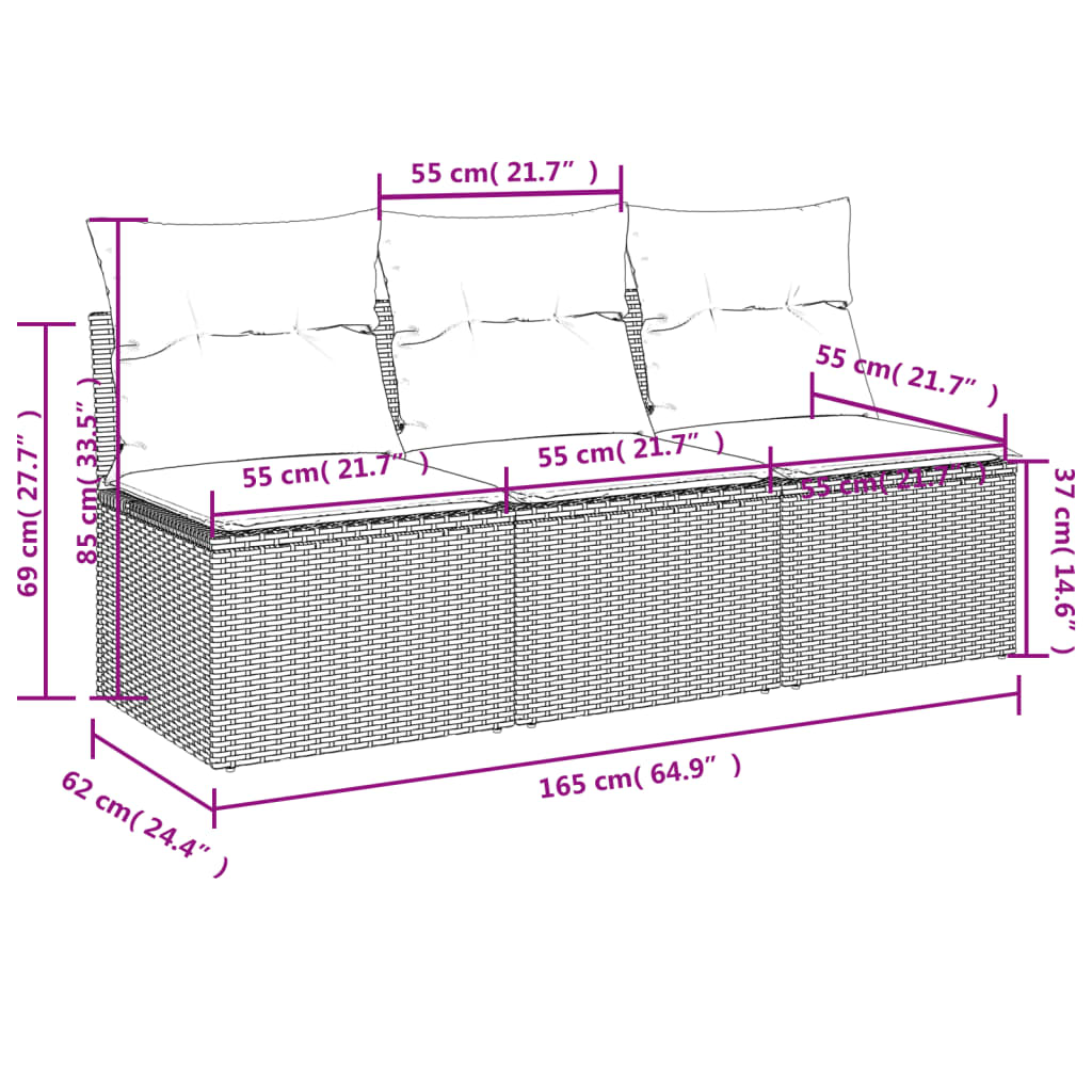 Gartensofa mit Kissen 3-Sitzer Grau Poly Rattan