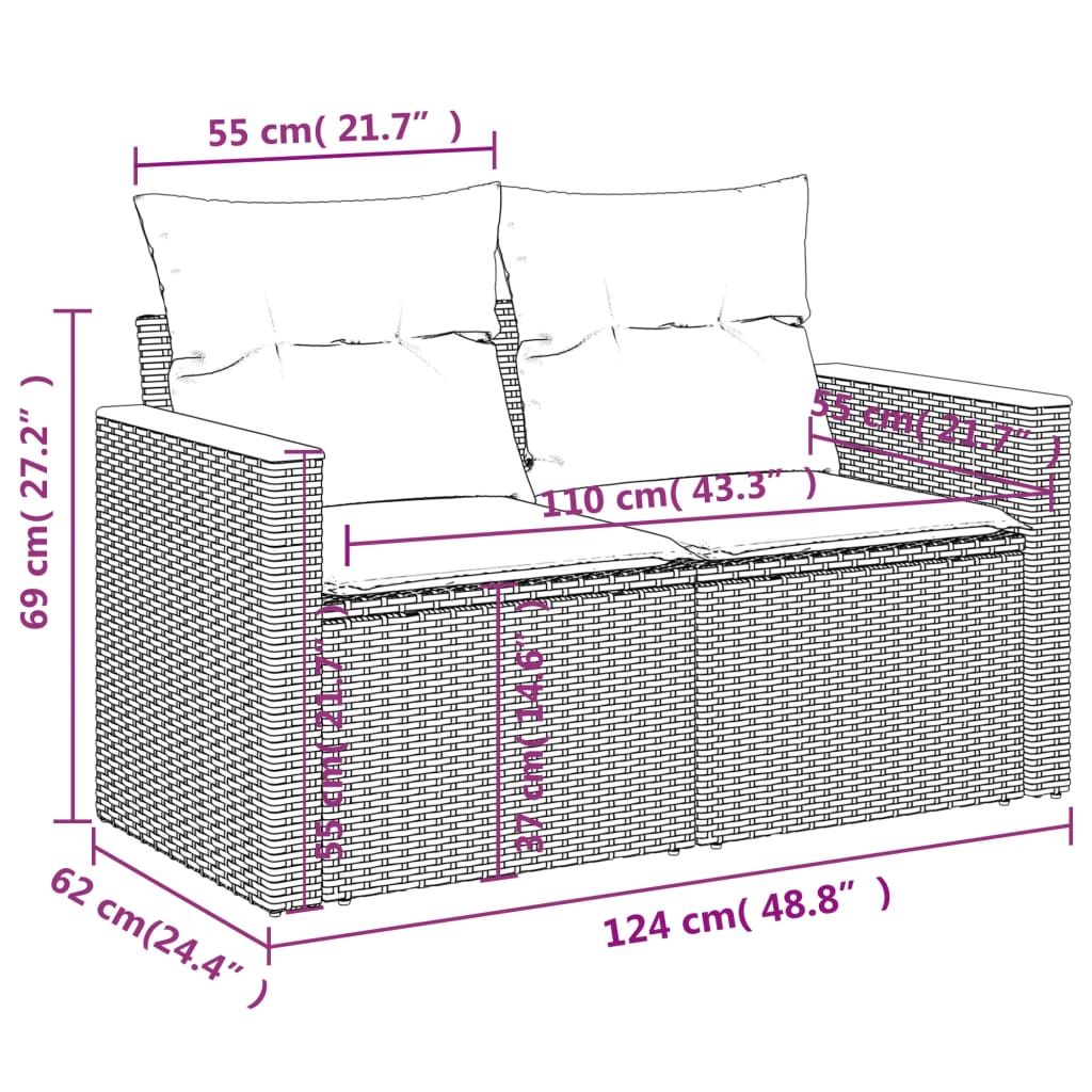 Gartensofa 2-Sitzer mit Kissen Grau Poly Rattan