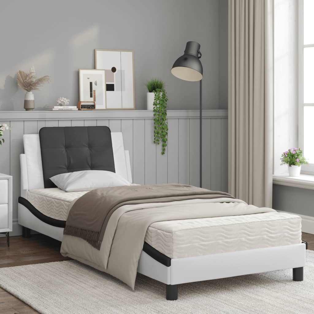 Bett mit Matratze Weiß und Schwarz 90x190 cm Kunstleder