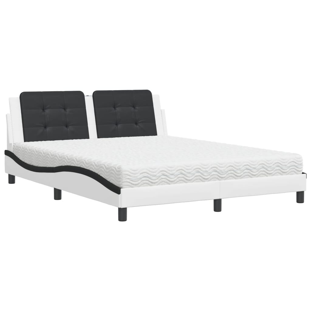 Bett mit Matratze Weiß und Schwarz 160x200 cm Kunstleder
