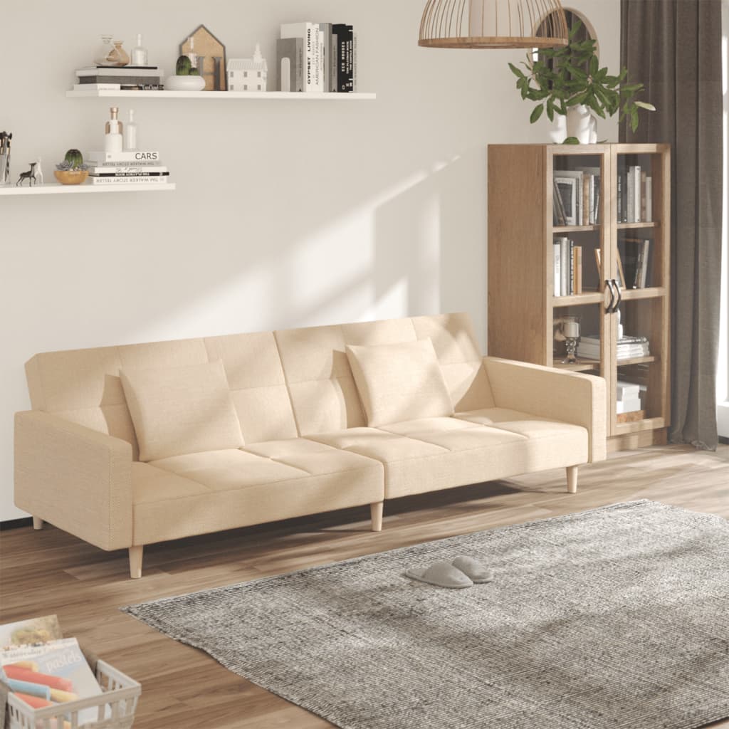 Schlafsofa 2-Sitzer mit 2 Kissen Creme Stoff