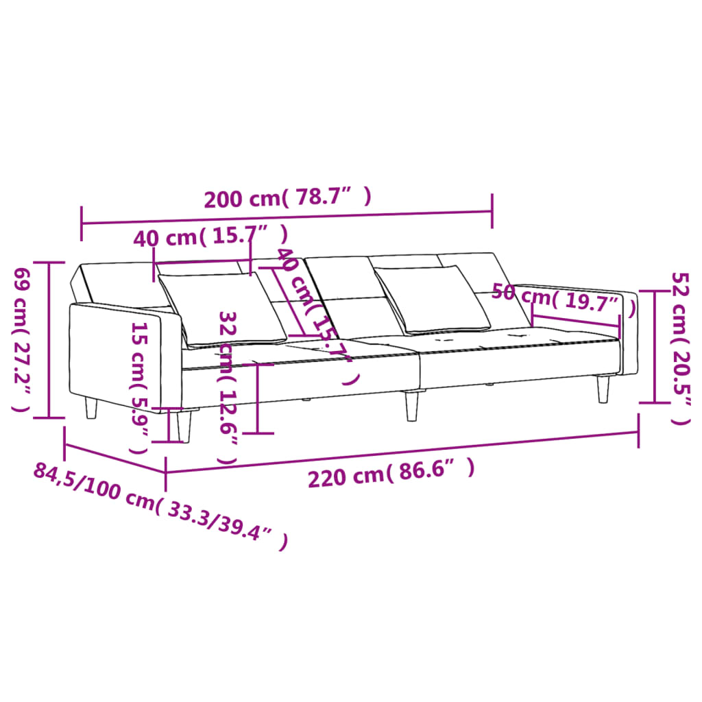 Schlafsofa 2-Sitzer mit 2 Kissen Creme Samt