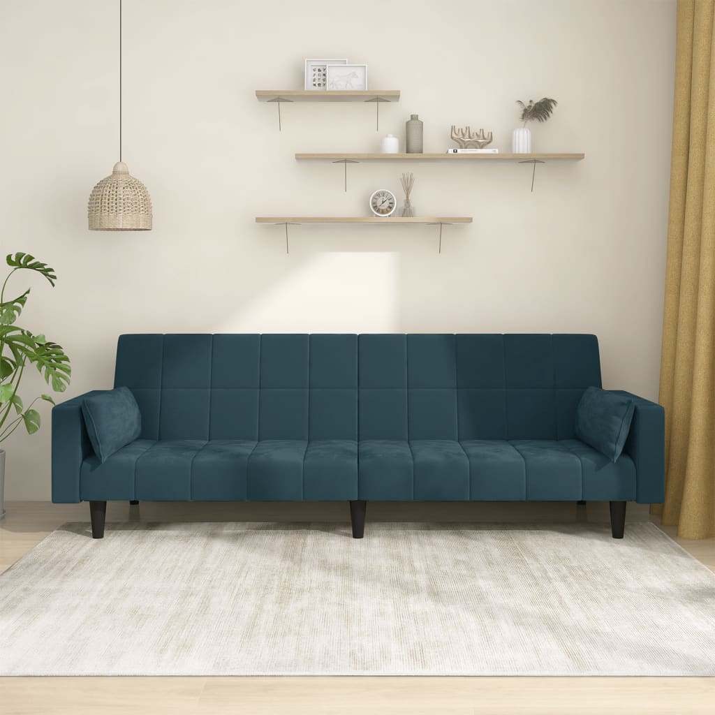 Schlafsofa 2-Sitzer mit 2 Kissen Blau Samt