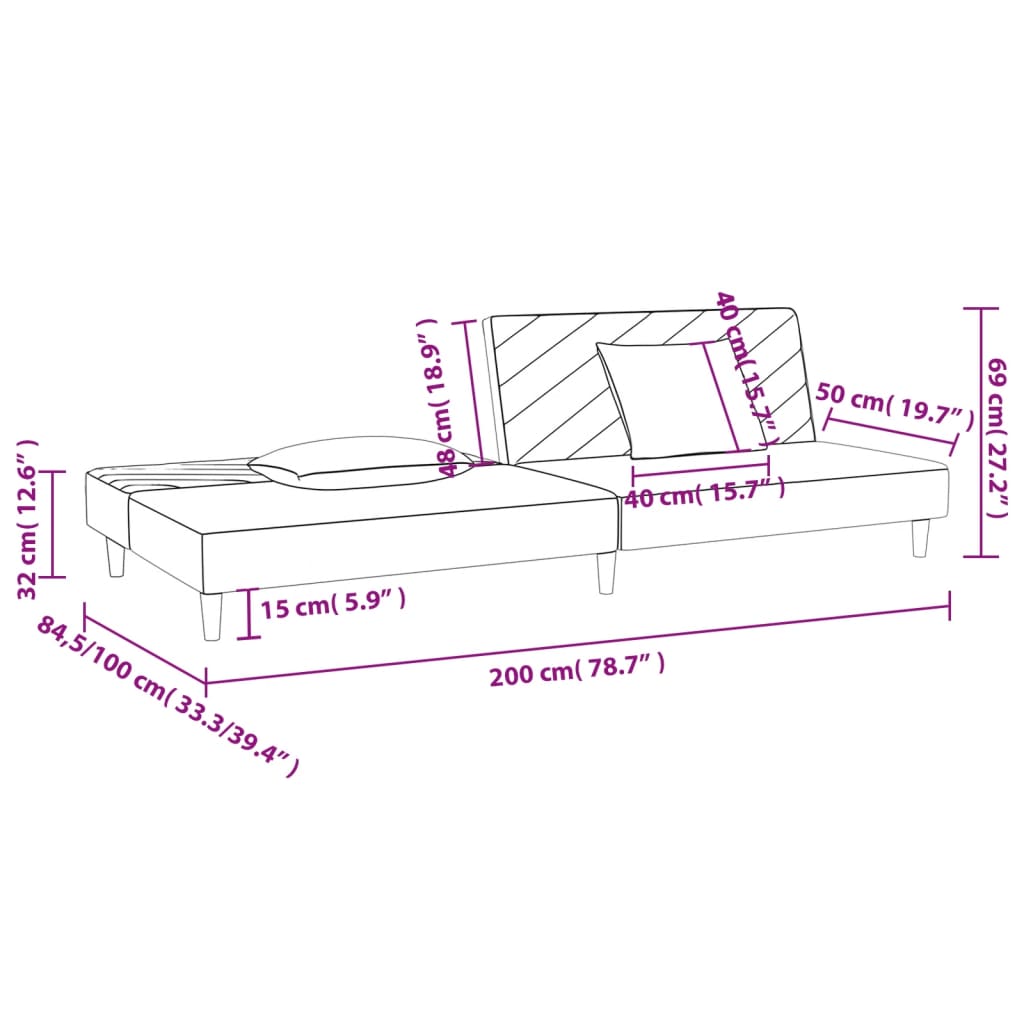 Schlafsofa 2-Sitzer mit 2 Kissen Schwarz Stoff