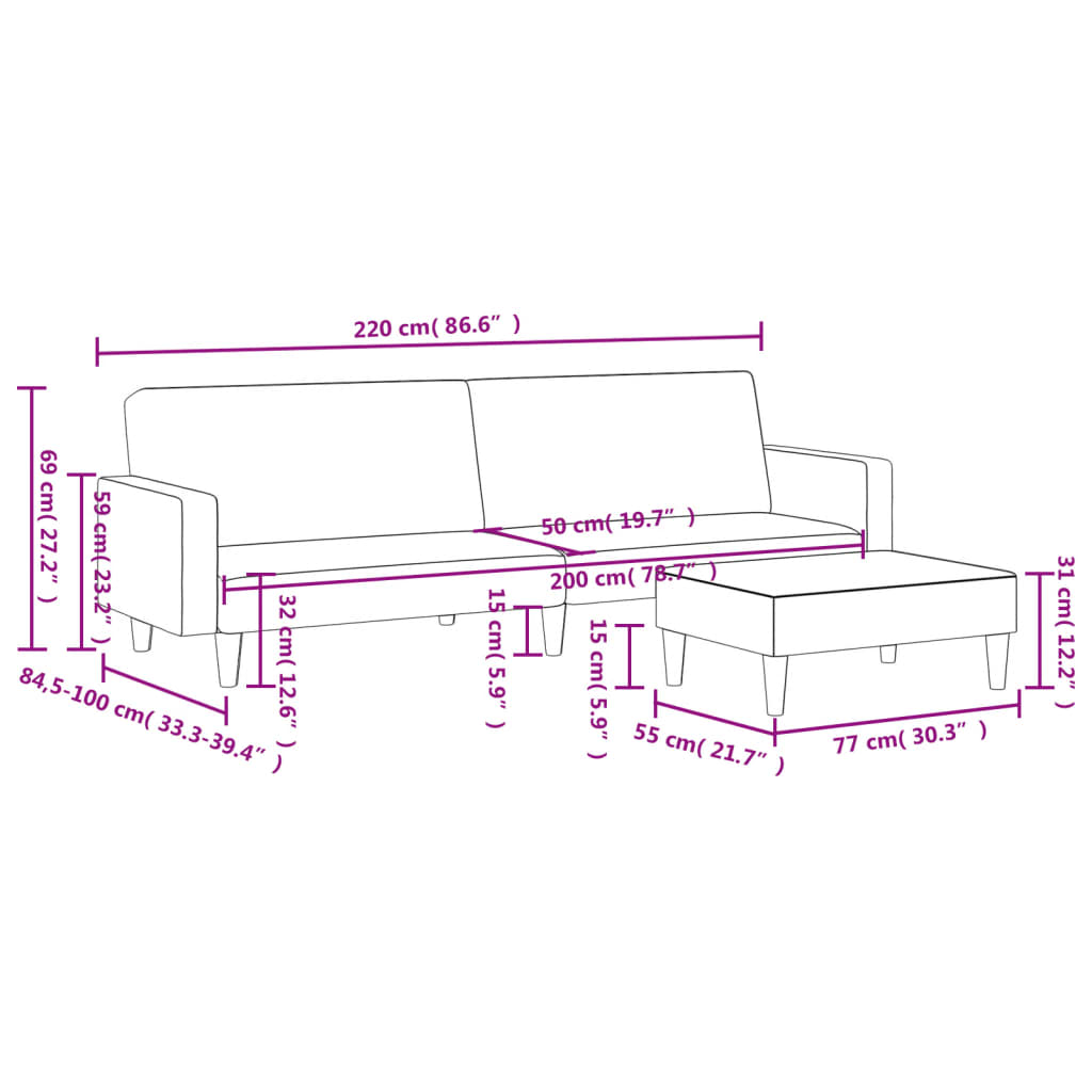 Schlafsofa 2-Sitzer mit Fußhocker Blau Samt