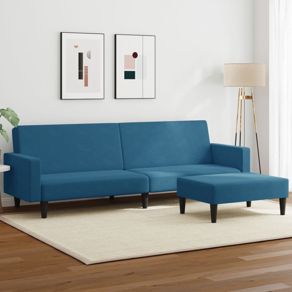 Schlafsofa 2-Sitzer mit Fußhocker Blau Samt