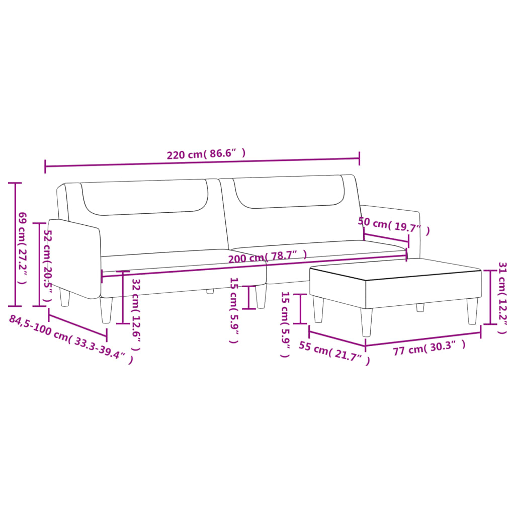 Schlafsofa 2-Sitzer mit Fußhocker Dunkelgrau Stoff