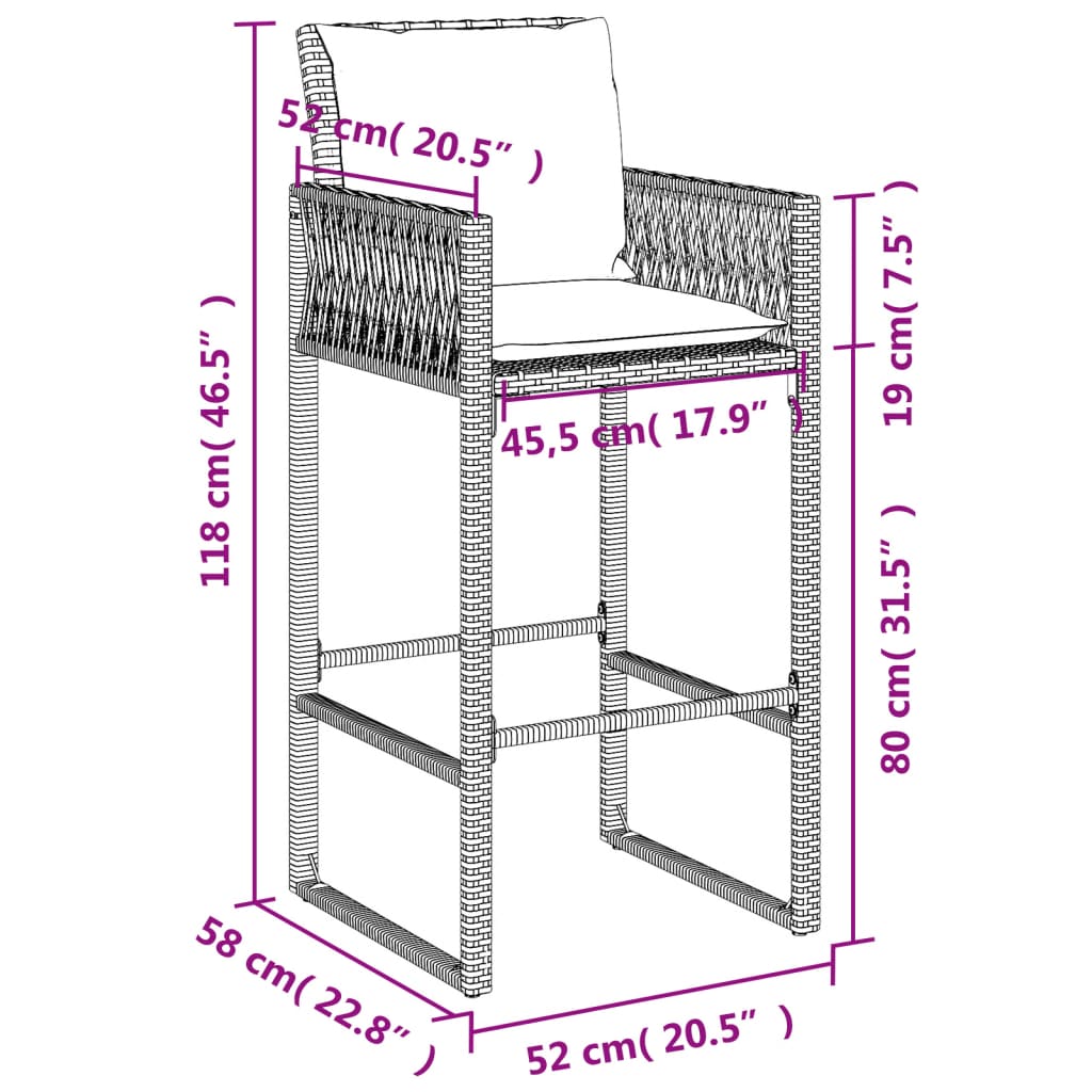 Garten-Barhocker mit Kissen 2 Stk. Braun Poly Rattan