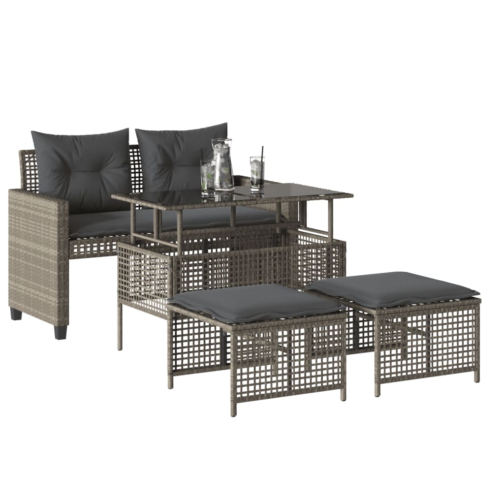 4-tlg. Garten-Sofagarnitur mit Kissen Hellgrau Poly Rattan Glas