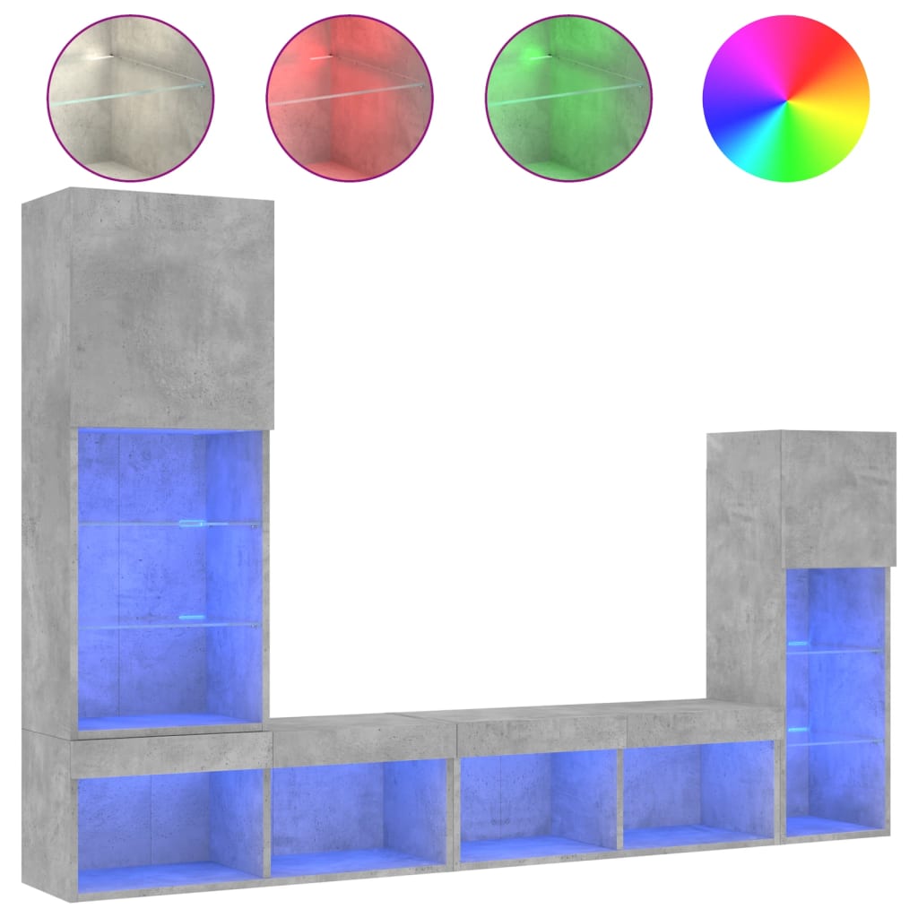4-tlg. Wohnwand mit LED-Beleuchtung Betongrau Holzwerkstoff
