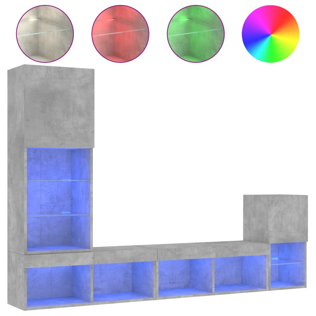 4-tlg. Wohnwand mit LED-Beleuchtung Betongrau Holzwerkstoff