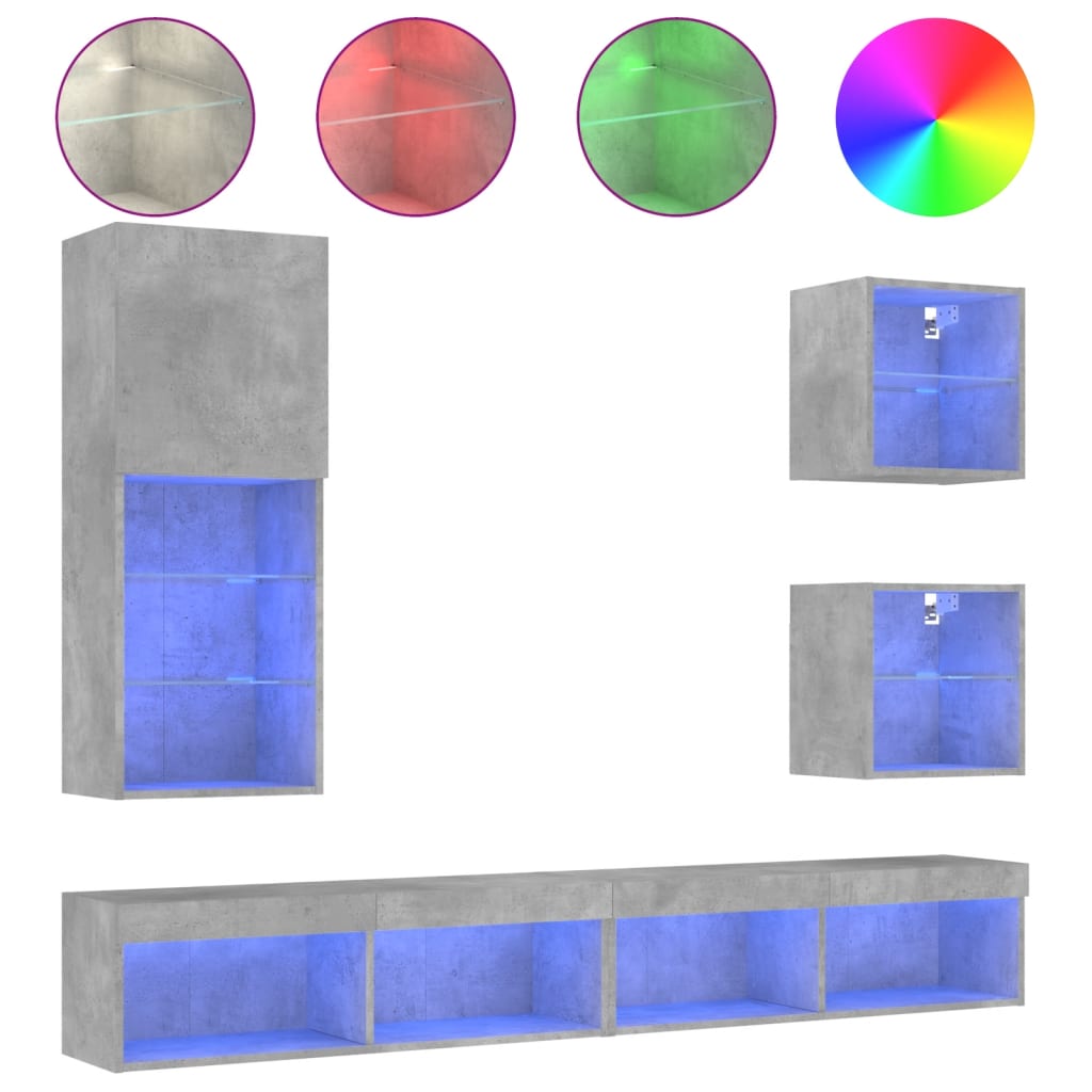 5-tlg. Wohnwand mit LED-Beleuchtung Betongrau Holzwerkstoff