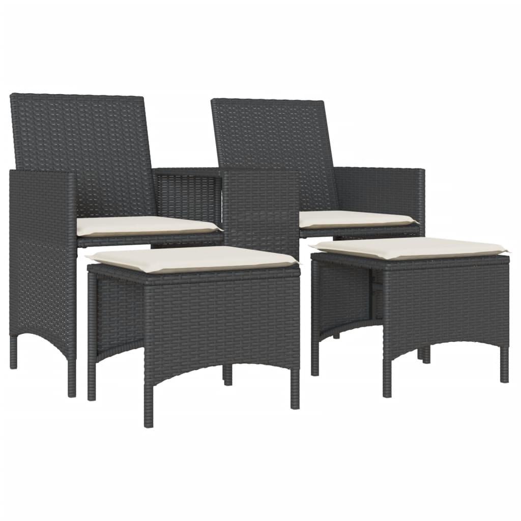 Gartensofa 2-Sitzer mit Tisch und Hockern Schwarz Poly Rattan