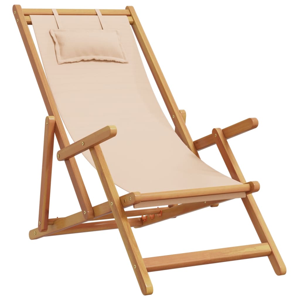 Strandstuhl Klappbar Beige Massivholz Eukalyptus und Stoff