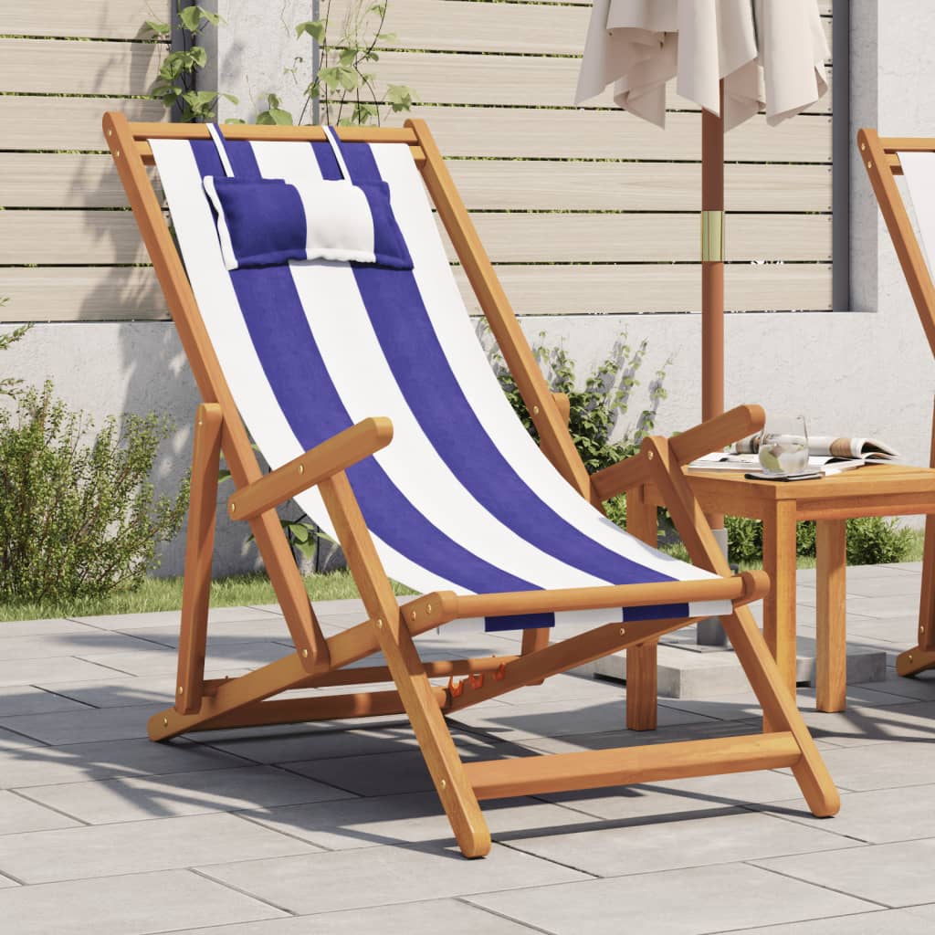 Strandstuhl Klappbar Blau Weiß Massivholz Eukalyptus und Stoff