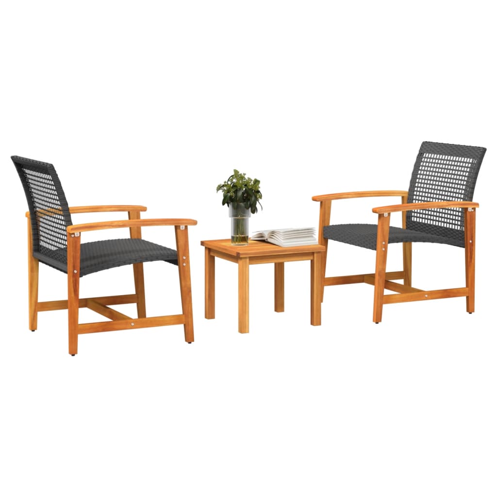 3-tlg. Bistro-Set Schwarz Poly Rattan und Akazienholz