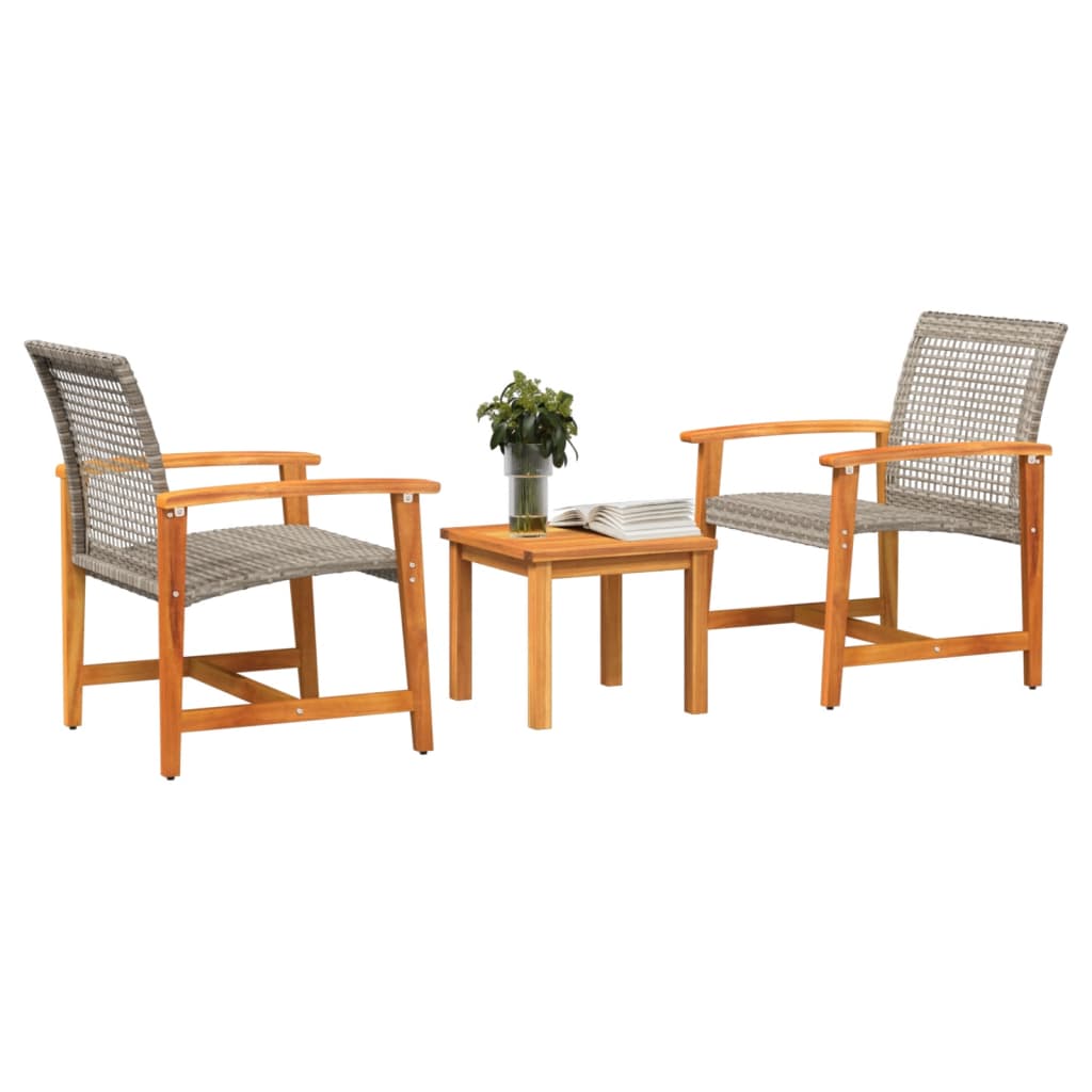 3-tlg. Bistro-Set Grau Poly Rattan und Akazienholz