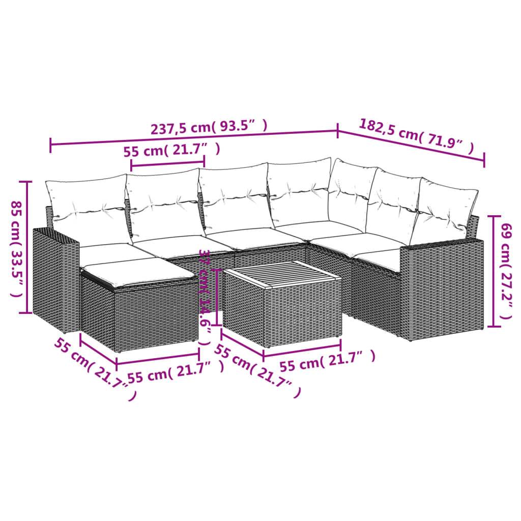 8-tlg. Garten-Sofagarnitur mit Kissen Grau Poly Rattan